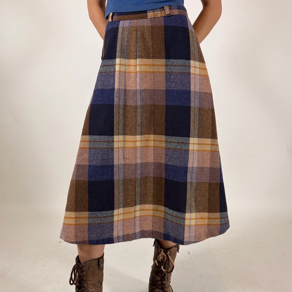 High-Waist Plaid Midi Skirt in Blue & Brown